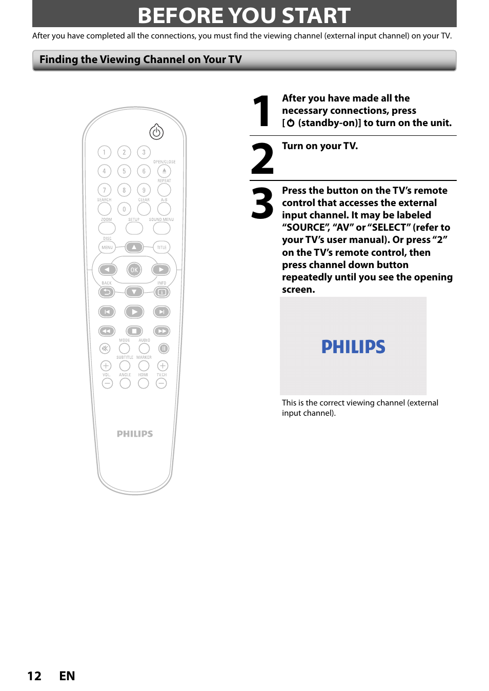 Before you start, Finding the viewing channel on your tv | Philips DVP3570-F7 User Manual | Page 12 / 32