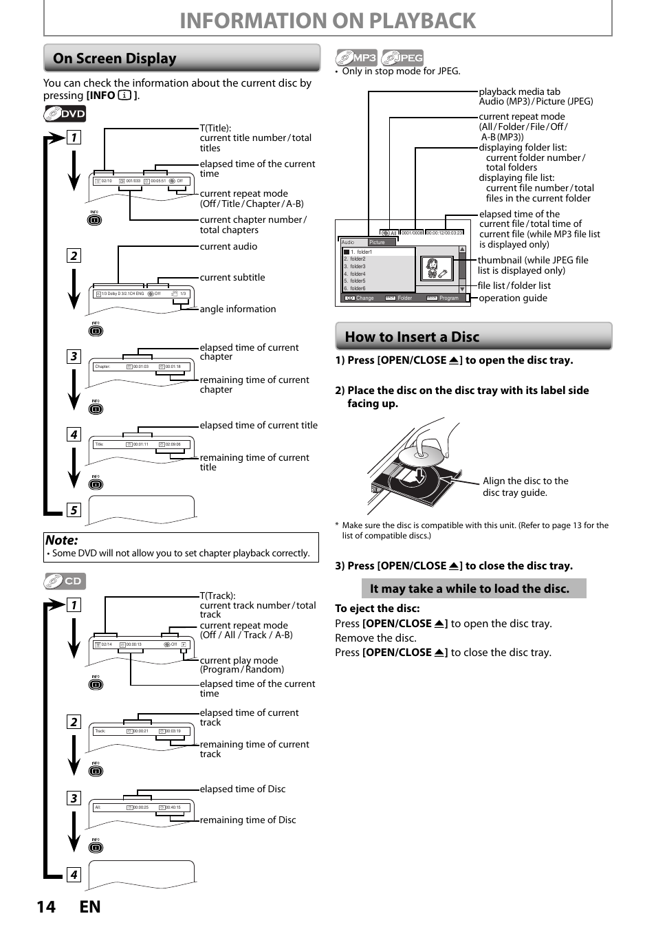 On screen display, How to insert a disc, Information on playback | 14 en, On screen display how to insert a disc, It may take a while to load the disc, 3) press [open/close a ] to close the disc tray | Philips DVP3570-F7 User Manual | Page 14 / 32