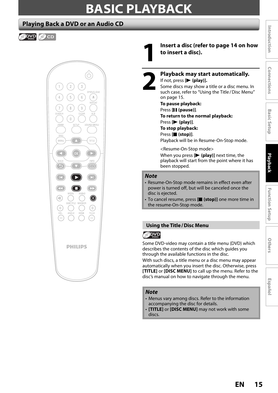 Basic playback, Playing back a dvd or an audio cd, 15 en | Philips DVP3570-F7 User Manual | Page 15 / 32