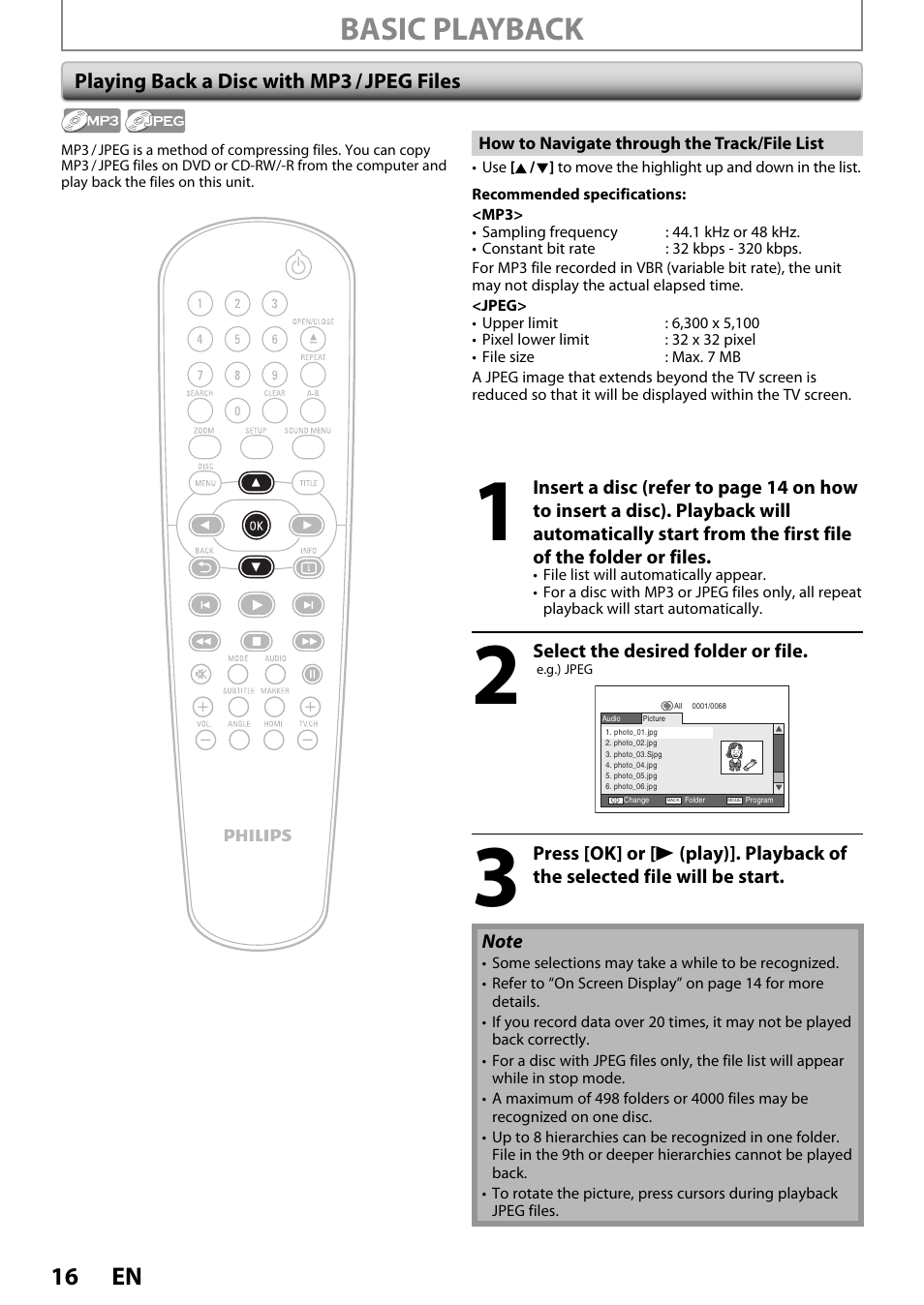 Playing back a disc with mp3 / jpeg files, Basic playback, 16 en | Philips DVP3570-F7 User Manual | Page 16 / 32