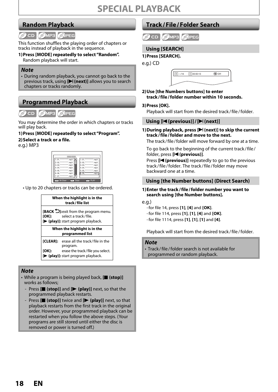 Random playback, Programmed playback, Track / file / folder search | Special playback, 18 en | Philips DVP3570-F7 User Manual | Page 18 / 32