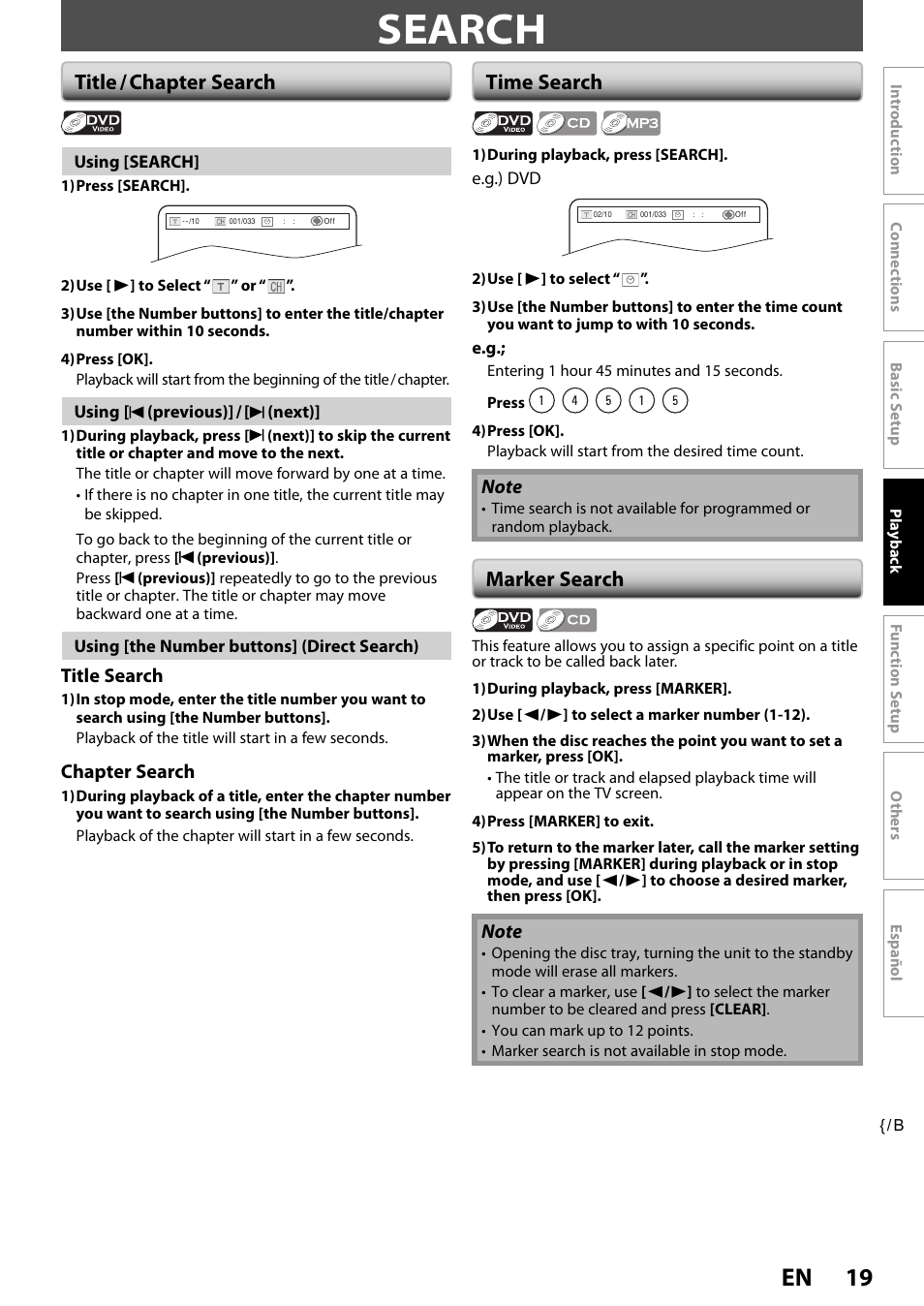 Search, Title / chapter search, Time search | Marker search, 19 en, Title search, Chapter search | Philips DVP3570-F7 User Manual | Page 19 / 32