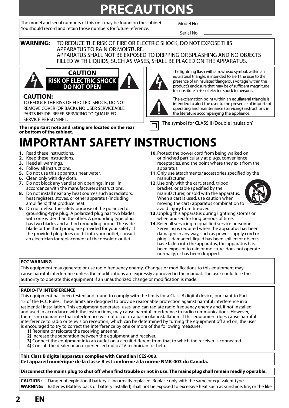 Precautions, Important safety instructions, Caution | Caution risk of electric shock do not open, Warning | Philips DVP3570-F7 User Manual | Page 2 / 32