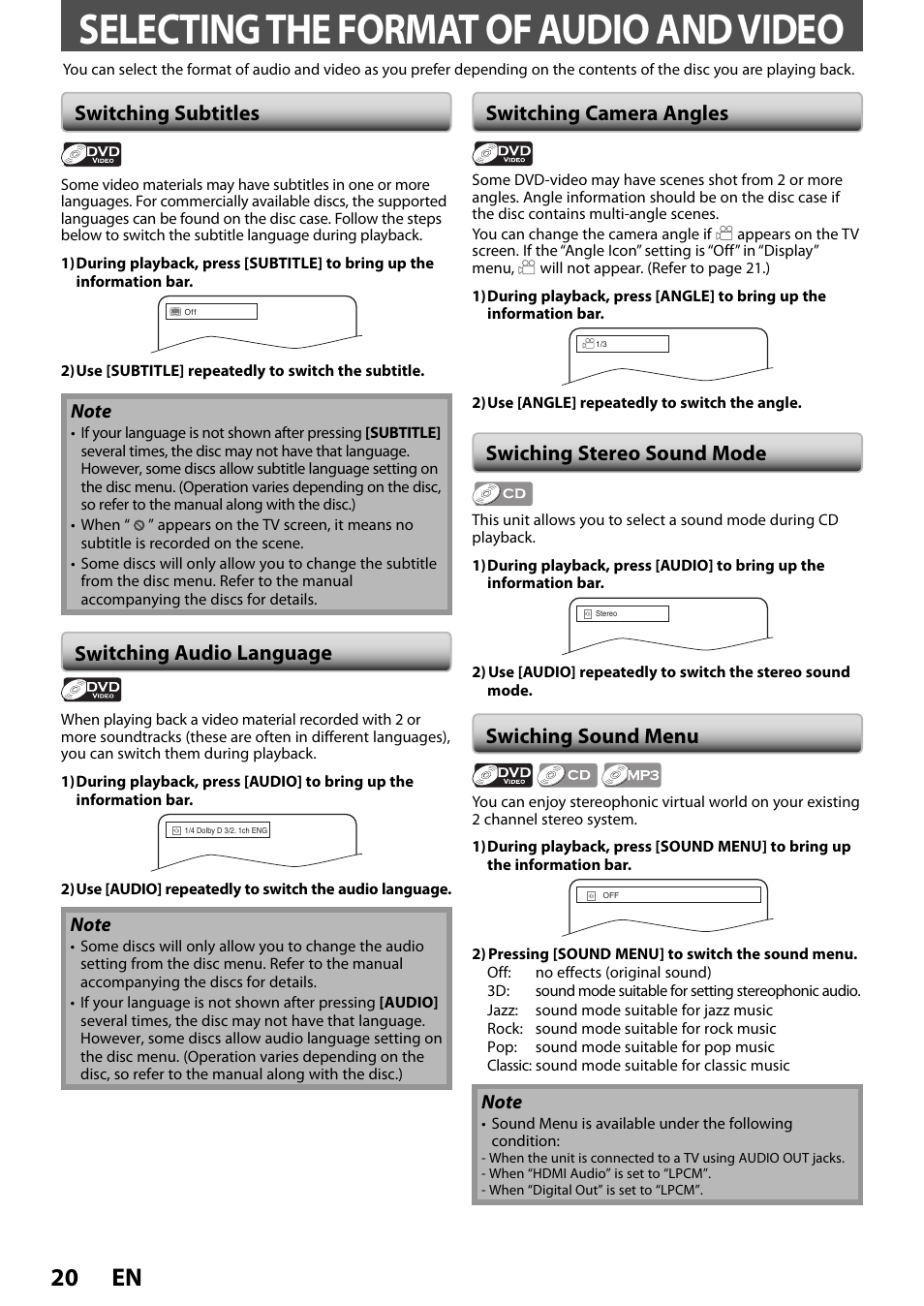 Selecting the format of audio and video, Switching subtitles, Switching audio language | Switching camera angles, Swiching stereo sound mode, Swiching sound menu, 20 en | Philips DVP3570-F7 User Manual | Page 20 / 32