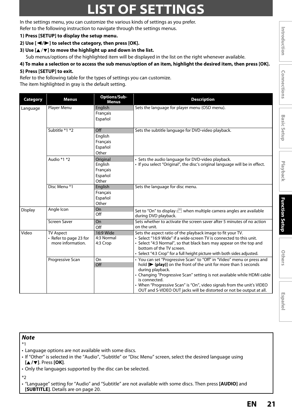 List of settings, 21 en | Philips DVP3570-F7 User Manual | Page 21 / 32