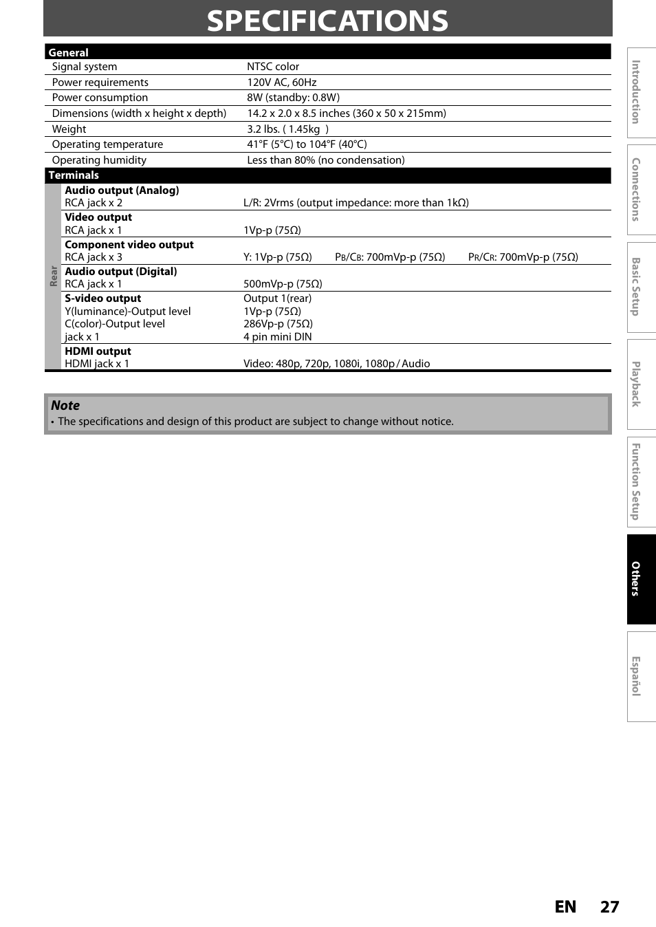 Specifications, 27 en 27 en | Philips DVP3570-F7 User Manual | Page 27 / 32