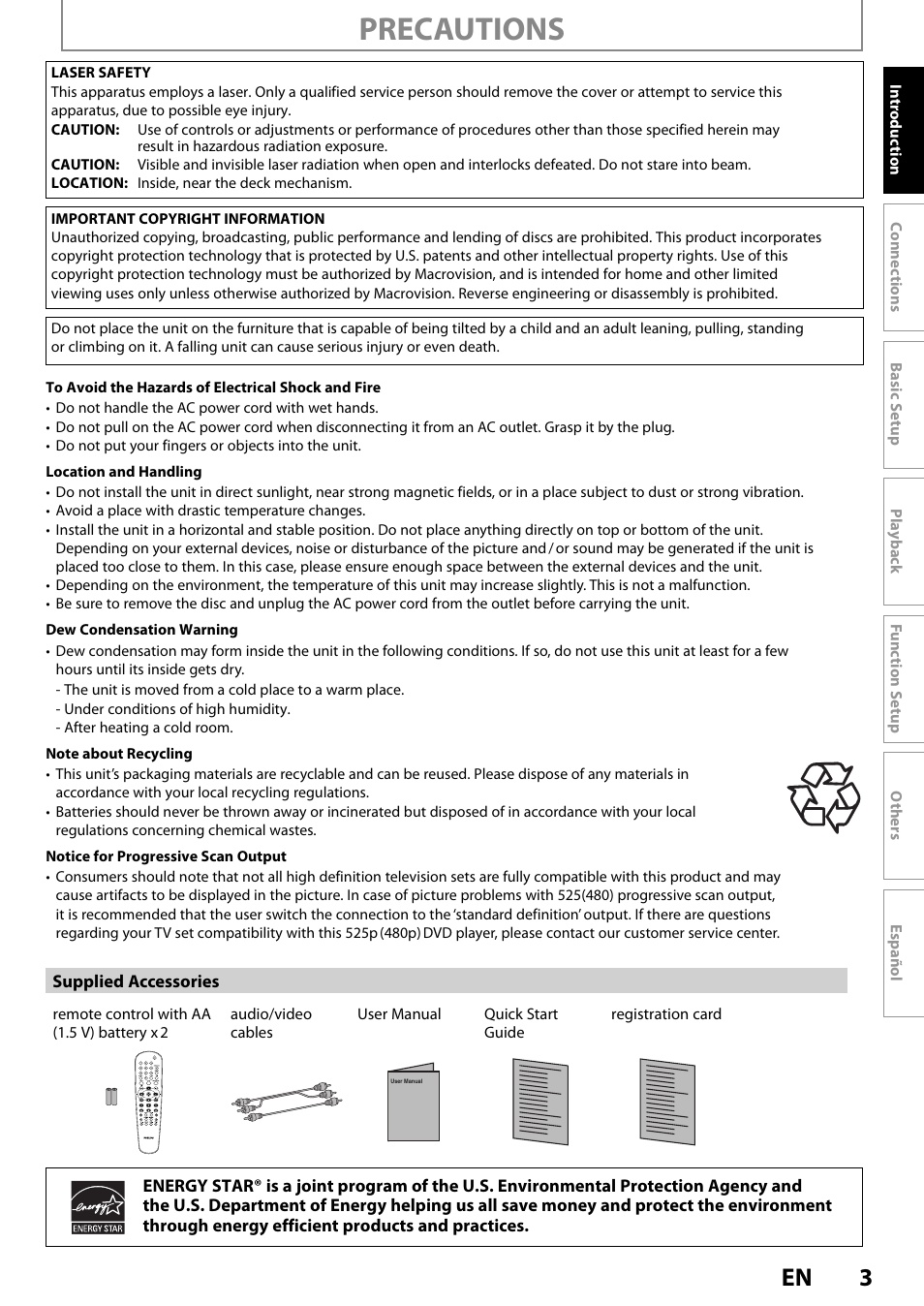 Precautions | Philips DVP3570-F7 User Manual | Page 3 / 32