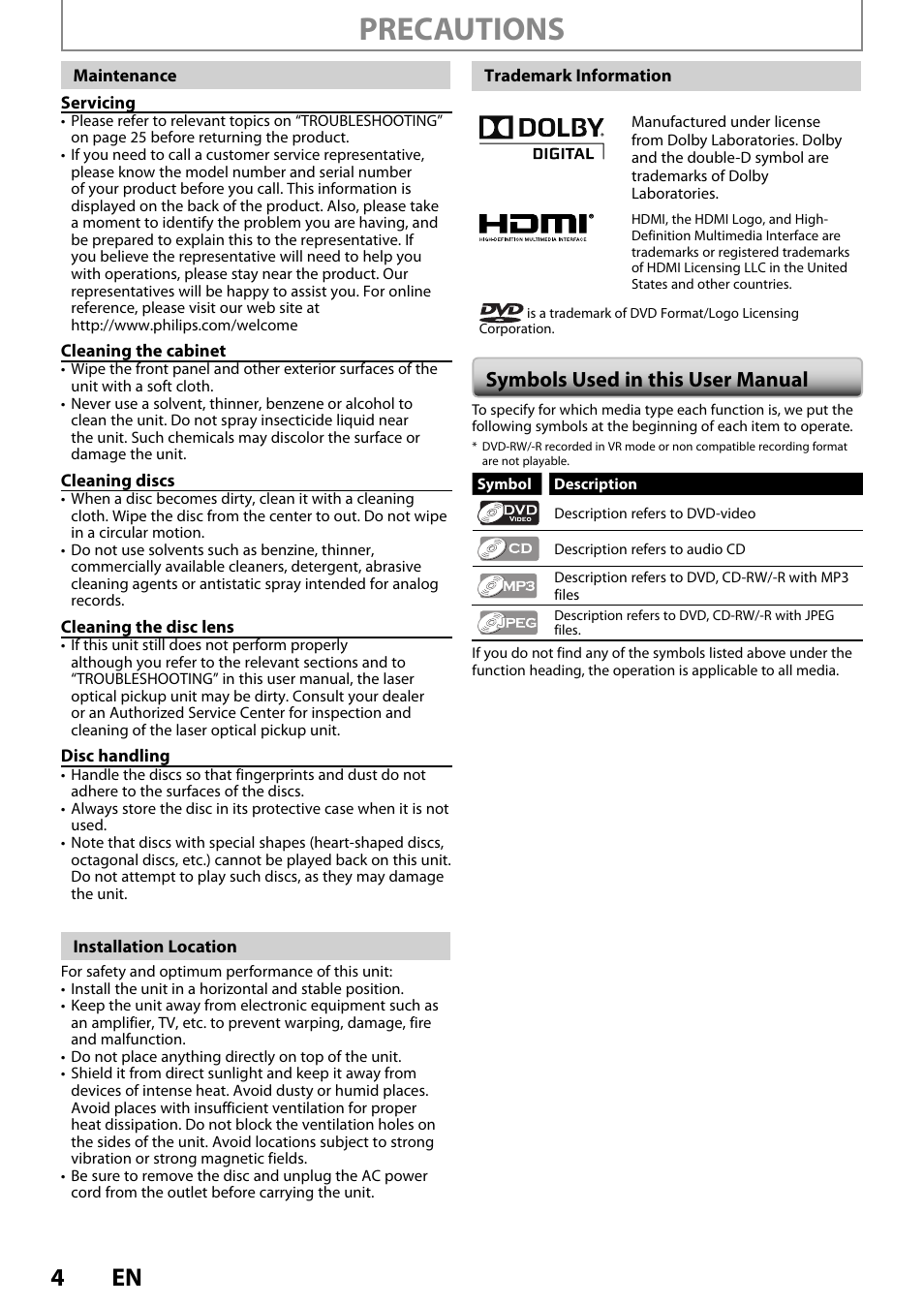 Symbols used in this user manual, Precautions | Philips DVP3570-F7 User Manual | Page 4 / 32