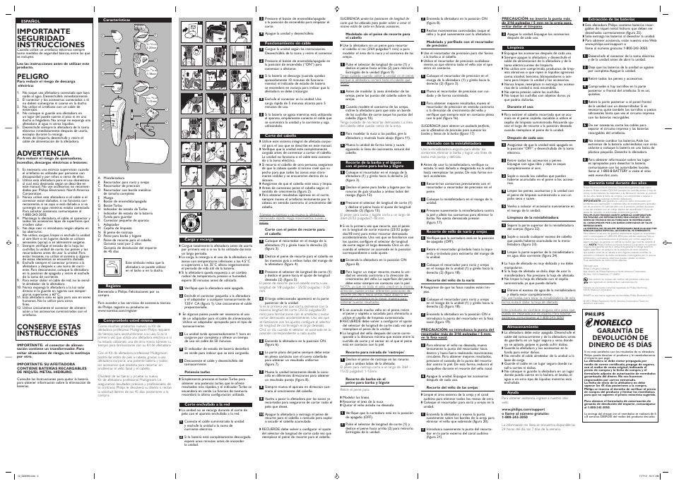 Importante seguridad instrucciones, Peligro, Advertencia | Conserve estas instrucciones, Garantía de devolución de dinero de 45 días | Philips QG3360-42 User Manual | Page 2 / 2