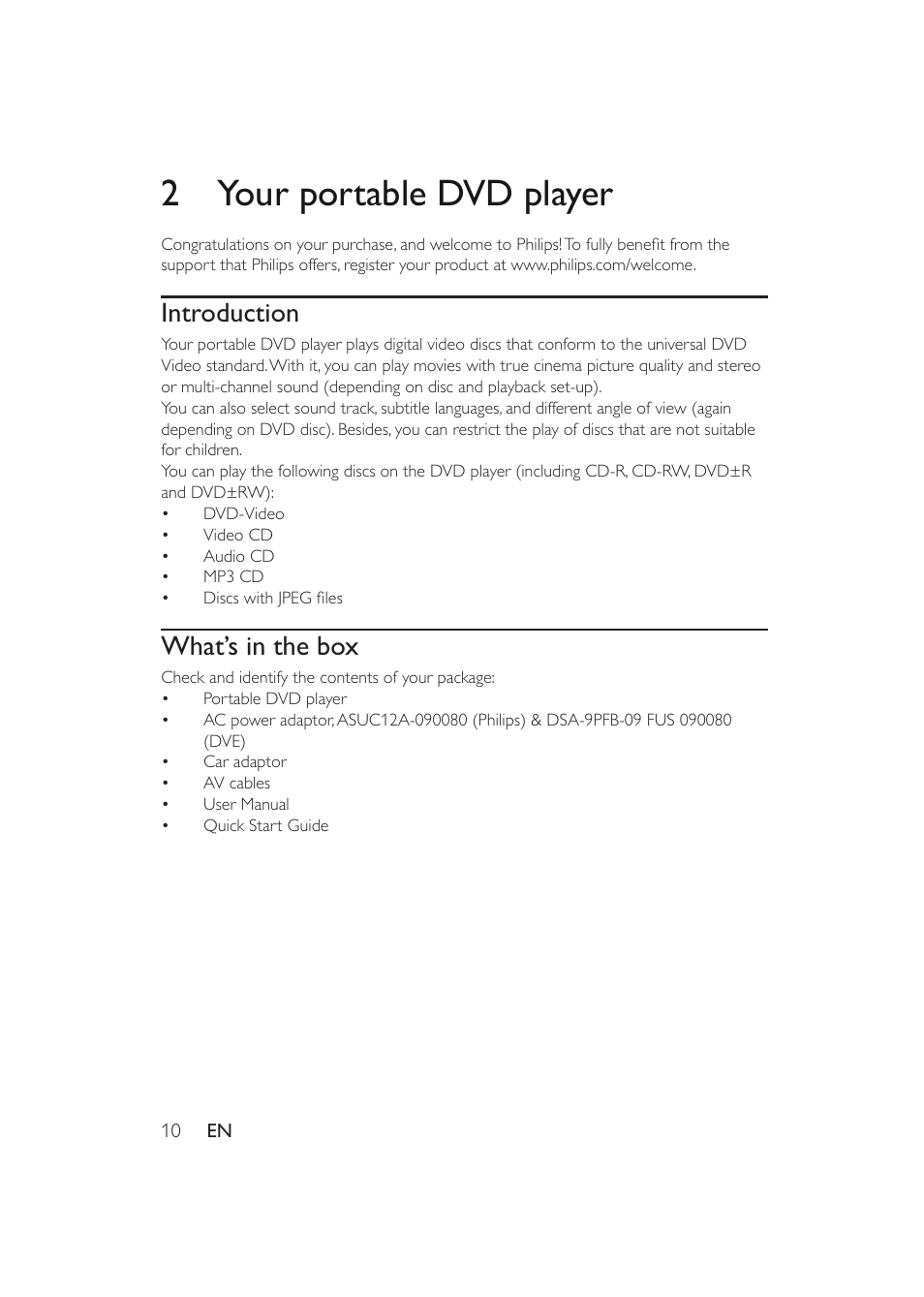 2your portable dvd player, Introduction, What’s in the box | Philips PET741W-17 User Manual | Page 10 / 19