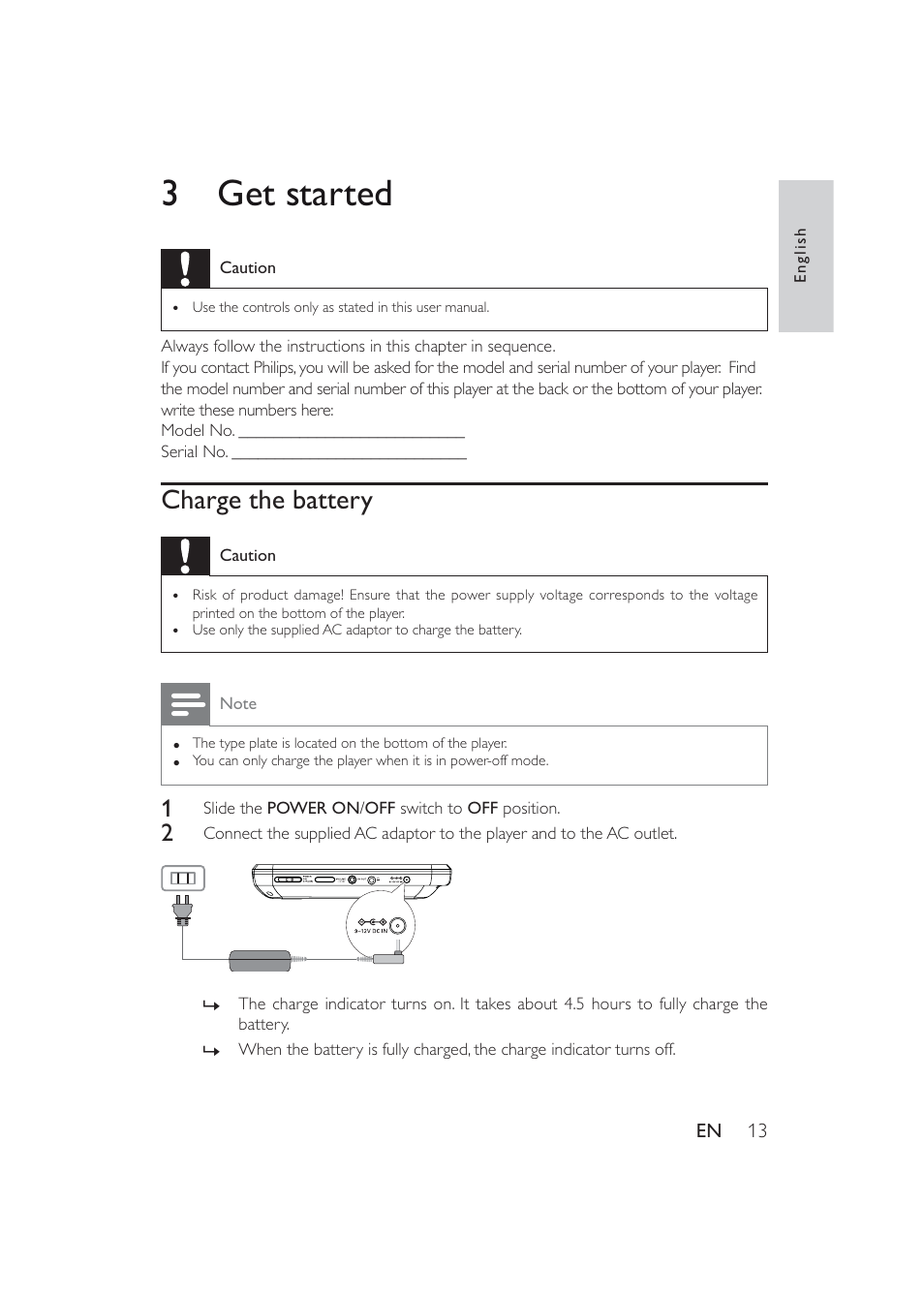 3get started, Charge the battery | Philips PET741W-17 User Manual | Page 13 / 19