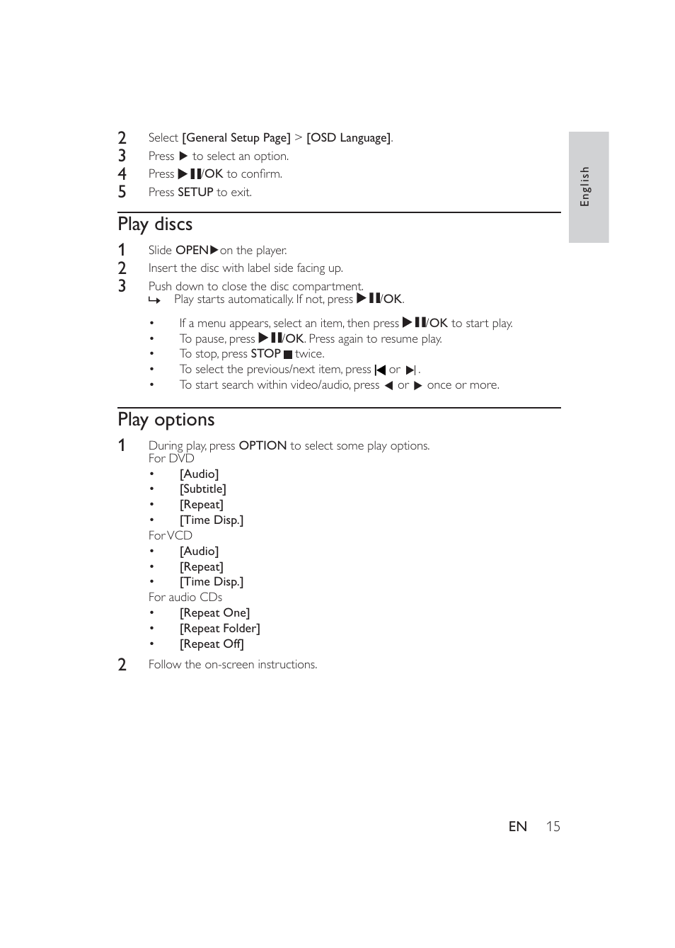 Play discs, Play options | Philips PET741W-17 User Manual | Page 15 / 19