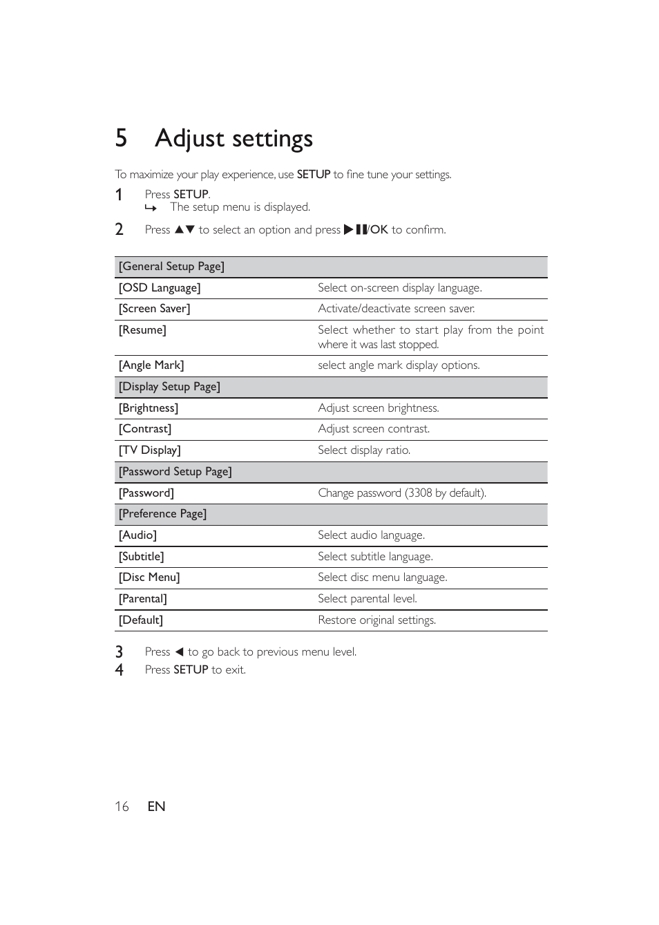 5adjust settings | Philips PET741W-17 User Manual | Page 16 / 19