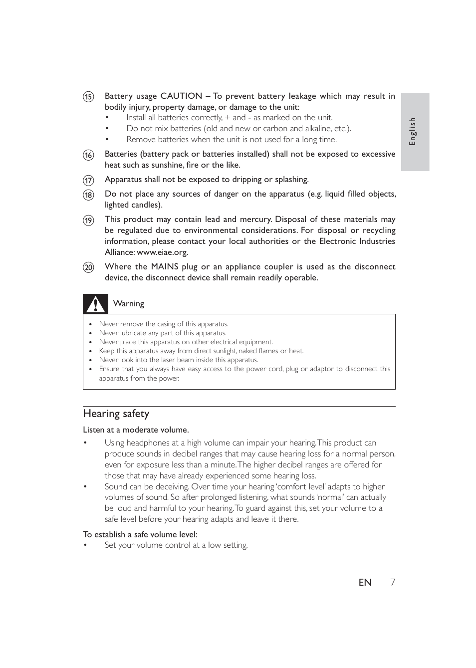 Hearing safety | Philips PET741W-17 User Manual | Page 7 / 19