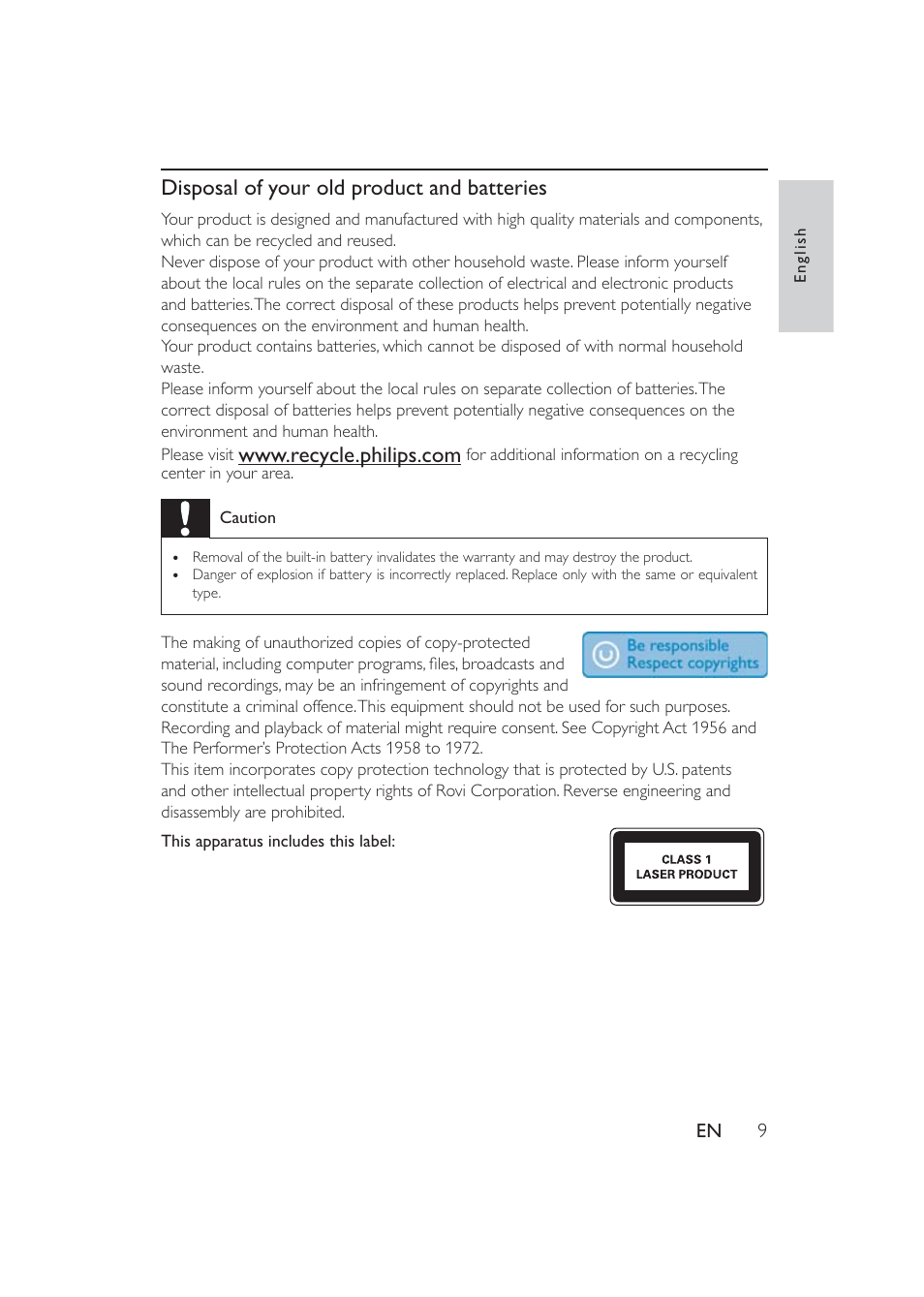 Disposal of your old product and batteries | Philips PET741W-17 User Manual | Page 9 / 19