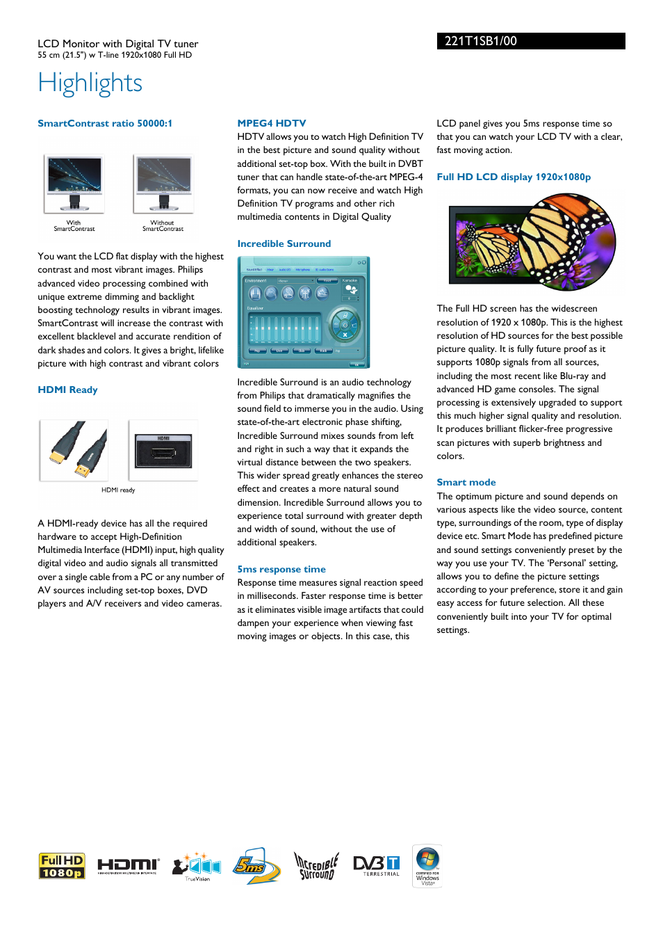 Highlights | Philips 221T1SB1-00 User Manual | Page 2 / 3