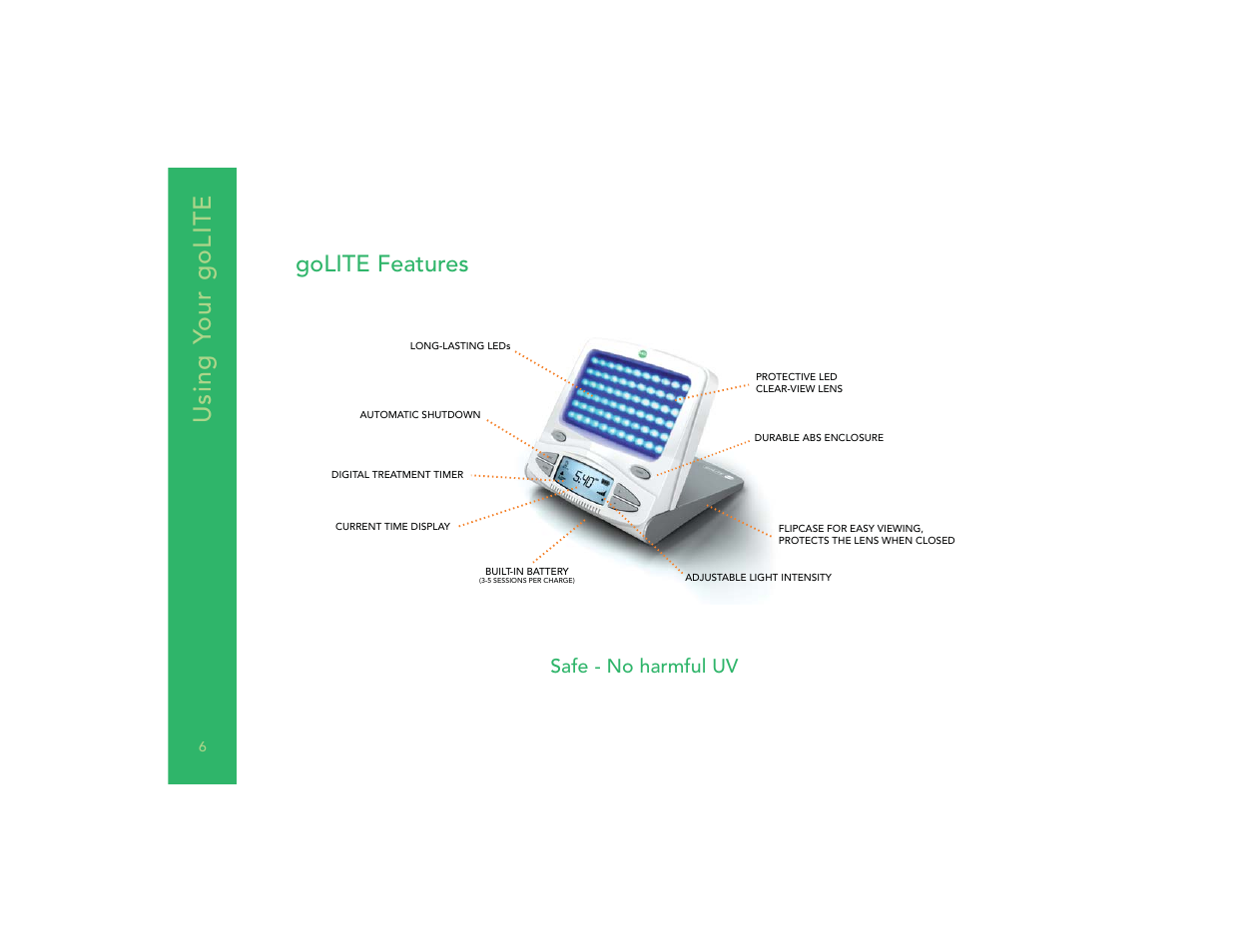 Using y our golite, Golite features, Safe - no harmful uv | Philips goLITE M2 HF3230 User Manual | Page 8 / 18