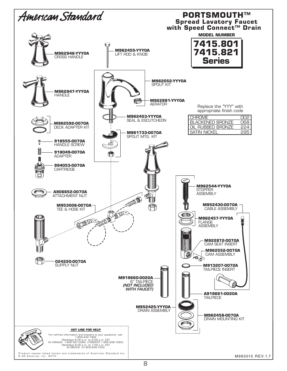 Portsmouth, Spread lavatory faucet with speed connect™ drain | American Standard PORTSMOUTH 7415.801 User Manual | Page 8 / 8