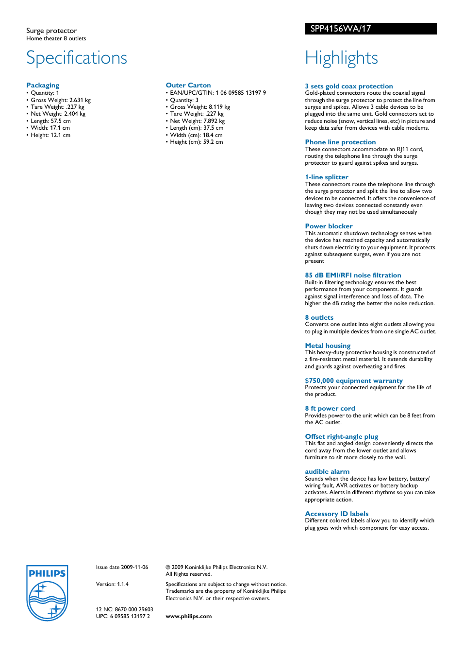 Specifications, Highlights | Philips SPP4156WA-17 User Manual | Page 2 / 2