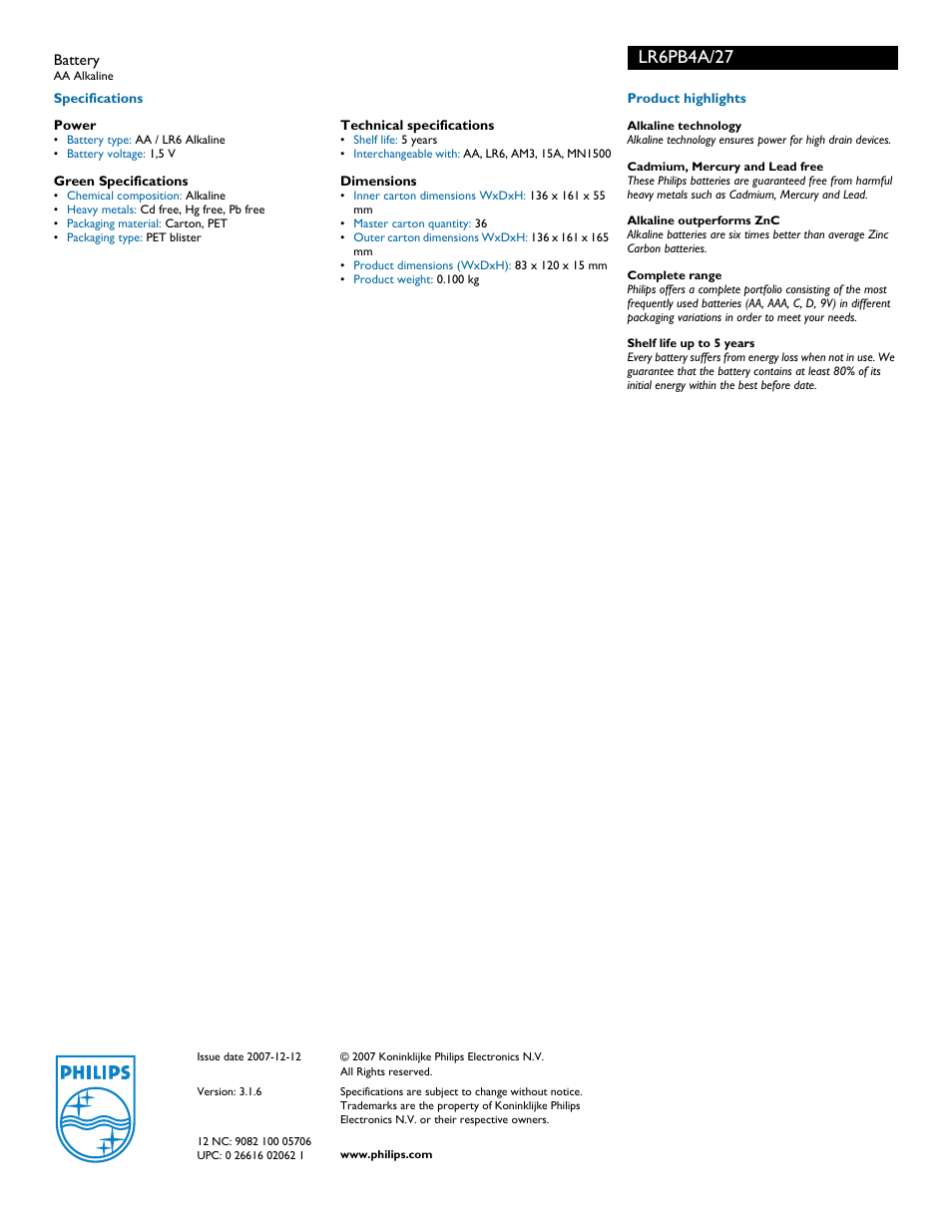 Lr6pb4a/27 | Philips LR6PB4A-27 User Manual | Page 2 / 2