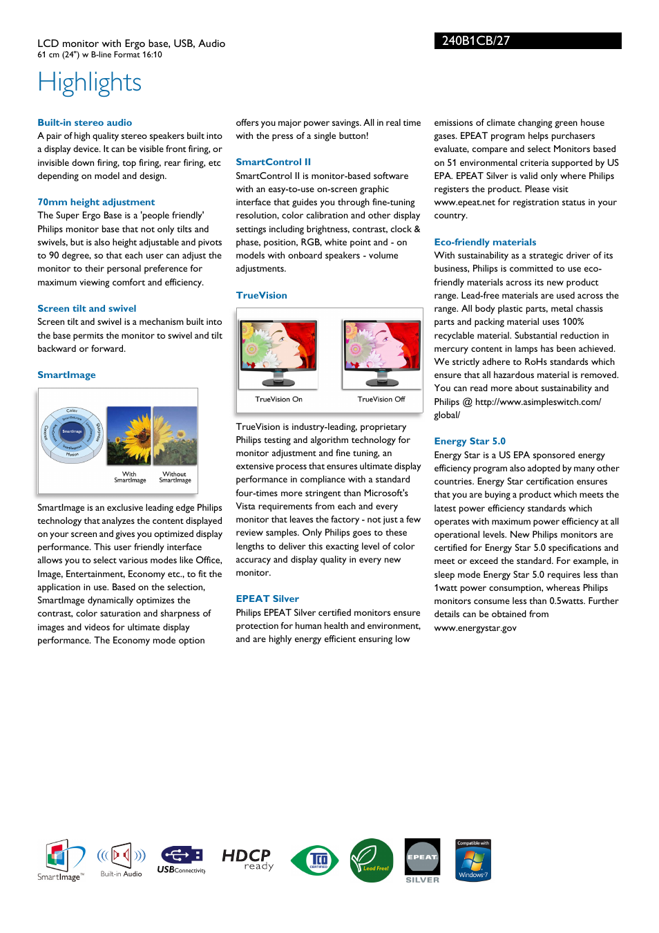 Highlights | Philips 240B1CB-27 User Manual | Page 2 / 3