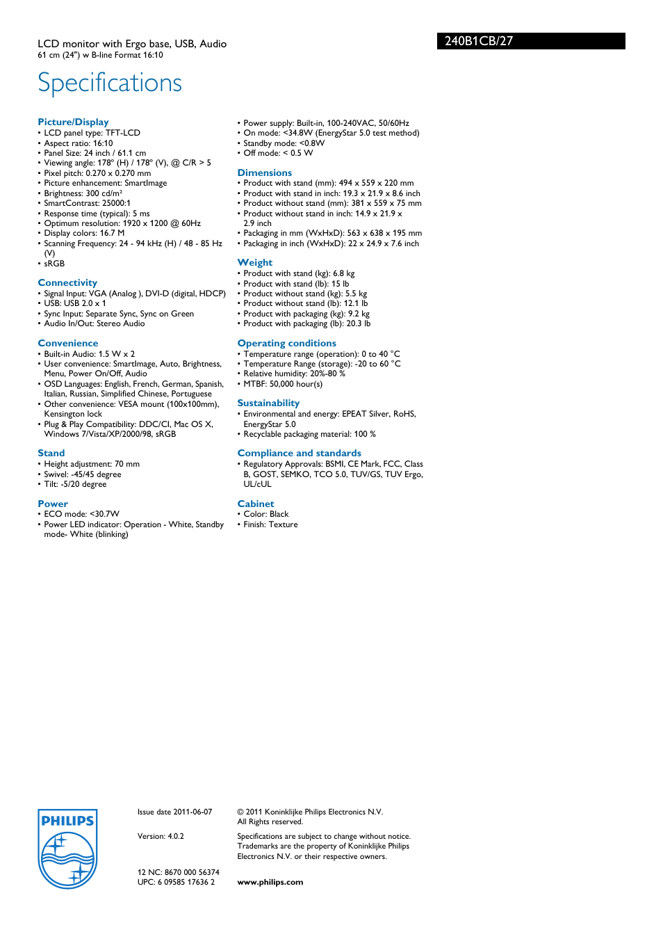 Specifications | Philips 240B1CB-27 User Manual | Page 3 / 3