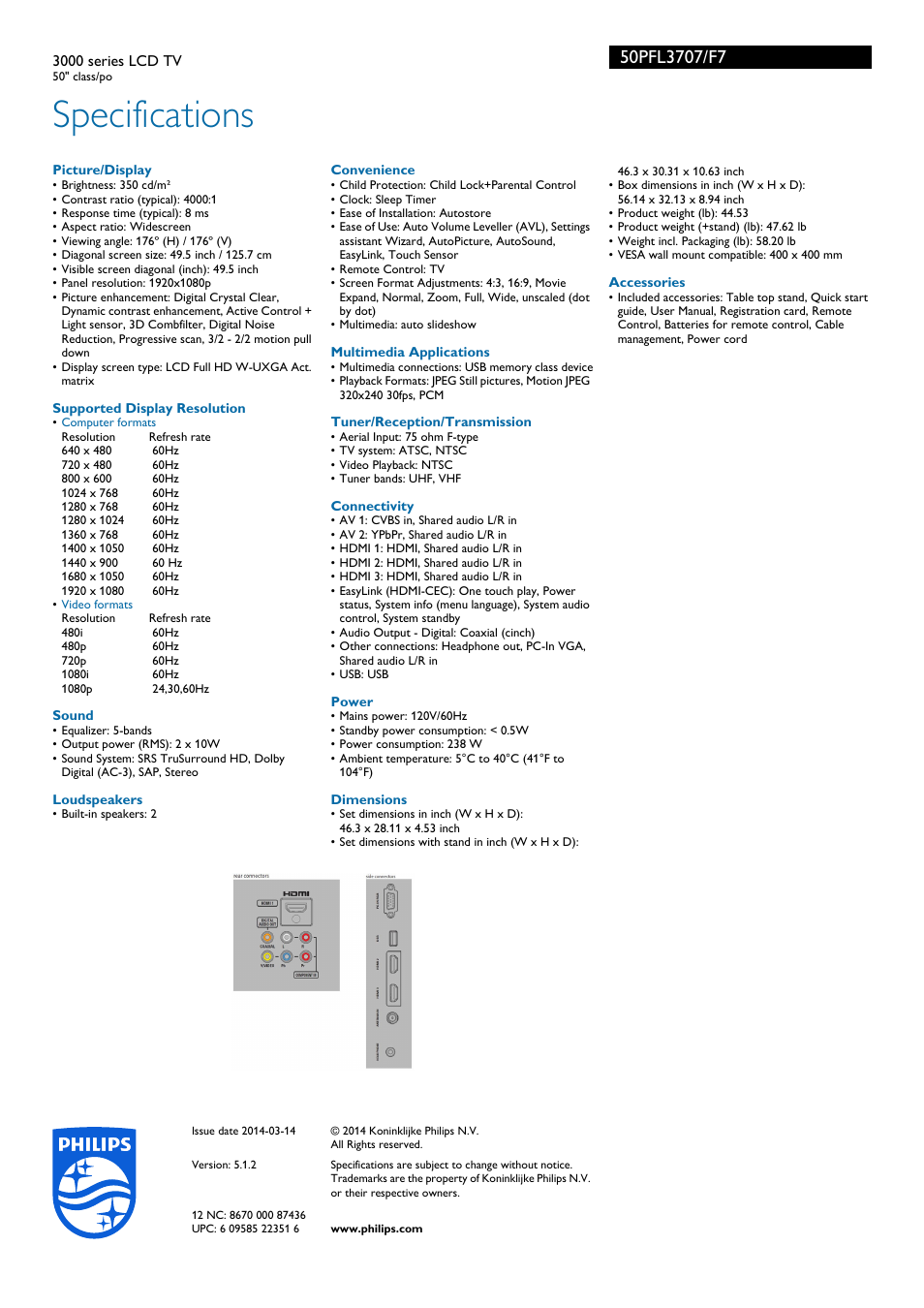 Specifications | Philips 50PFL3707-F7 User Manual | Page 3 / 3