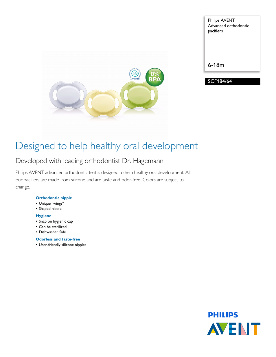 Philips AVENT Advanced orthodontic pacifiers SCF184-64 6-18m User Manual | 2 pages
