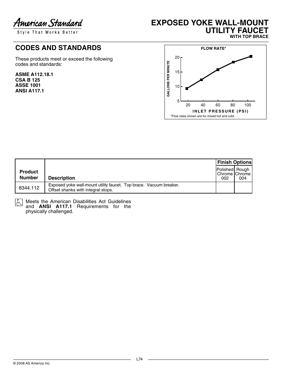 Exposed yoke wall-mount utility faucet, Codes and standards, Model number | General description, Product features, Suggested specification | American Standard 8344.112 User Manual | Page 2 / 2