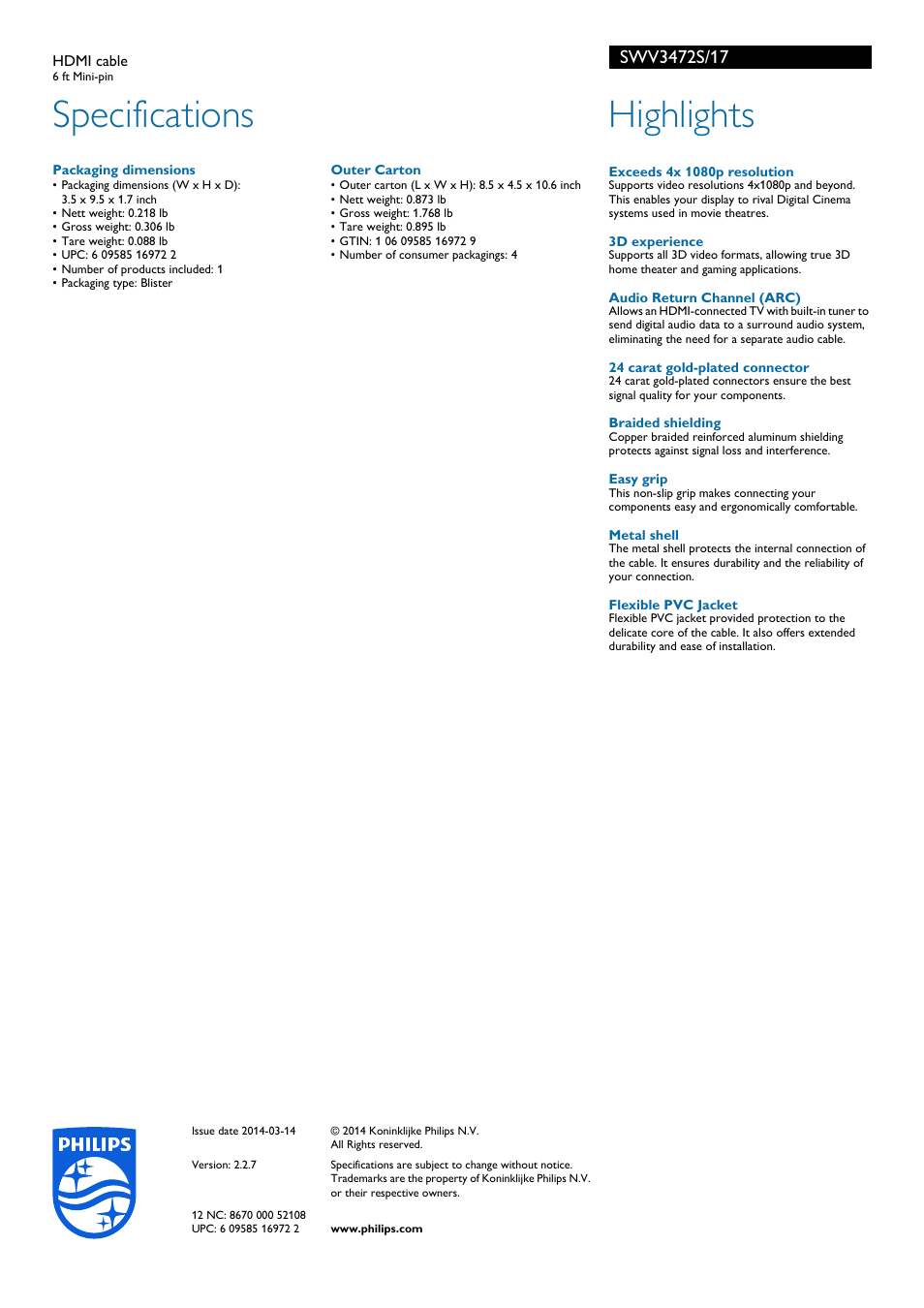 Specifications, Highlights | Philips SWV3472S-17 User Manual | Page 2 / 2