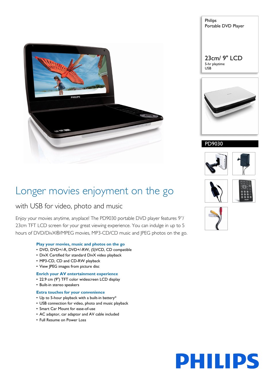 Philips Portable DVD Player PD9030 23cm- 9" LCD 5-hr playtime USB User Manual | 3 pages