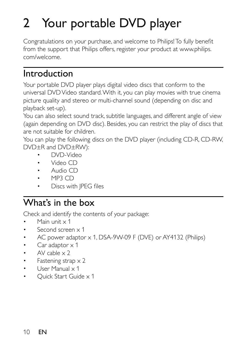 2 your portable dvd player, Introduction, What’s in the box | Philips PET7402-37B User Manual | Page 10 / 25