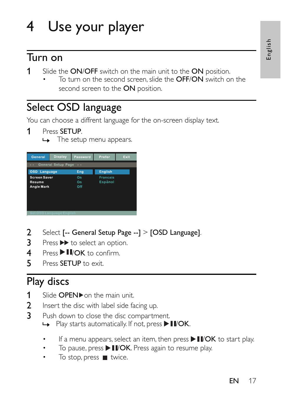 4 use your player, Turn on, Select osd language | Play discs | Philips PET7402-37B User Manual | Page 17 / 25