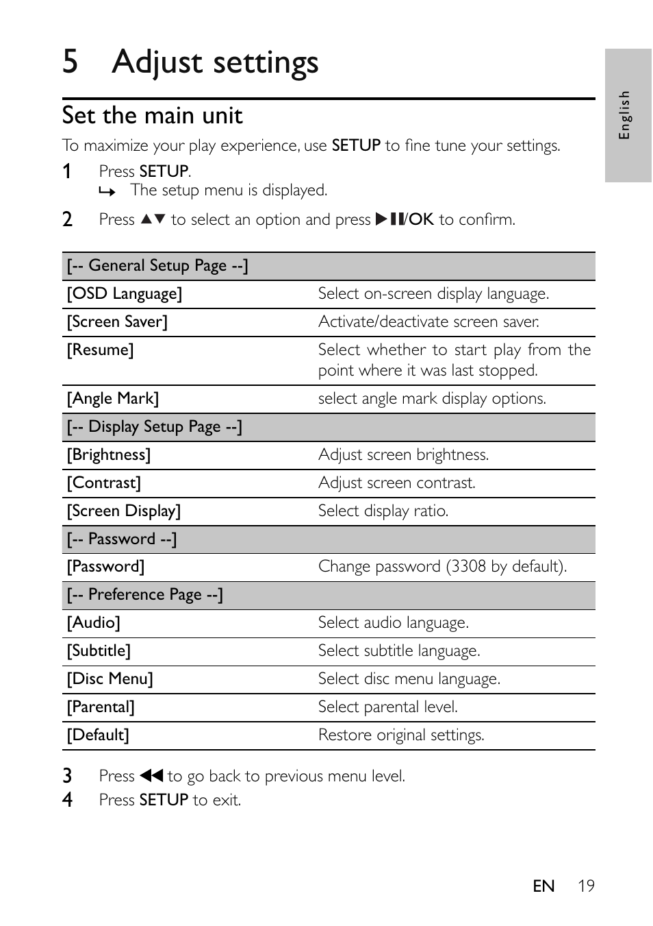 5 adjust settings, Set the main unit | Philips PET7402-37B User Manual | Page 19 / 25