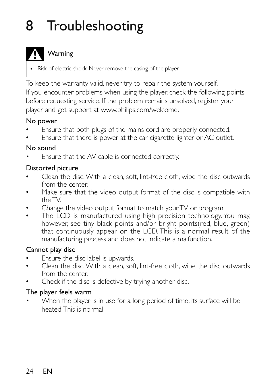 8 troubleshooting | Philips PET7402-37B User Manual | Page 24 / 25