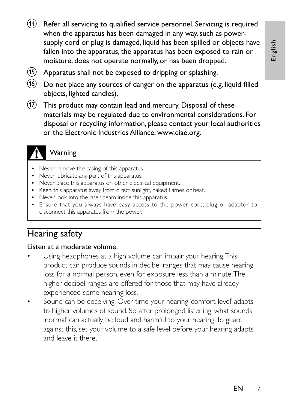 Hearing safety | Philips PET7402-37B User Manual | Page 7 / 25