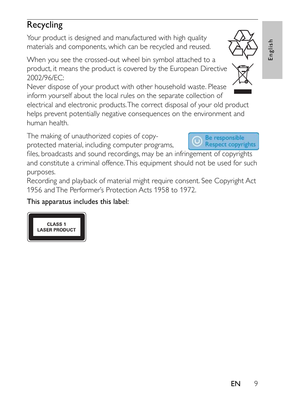 Recycling | Philips PET7402-37B User Manual | Page 9 / 25