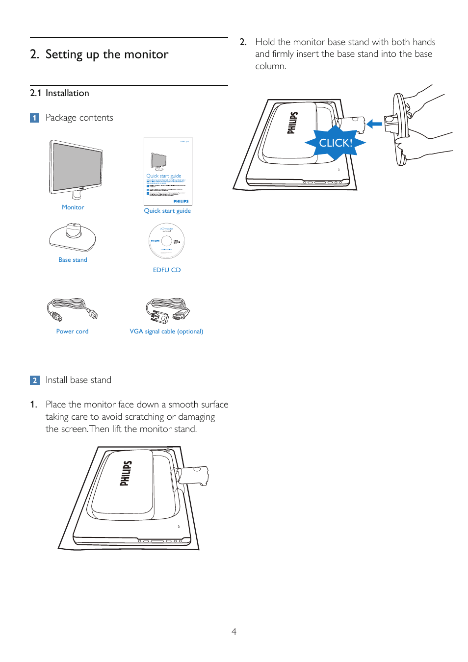 Setting up the monitor, Click, 1 installation package contents | Philips 190E2FB-00 User Manual | Page 6 / 39