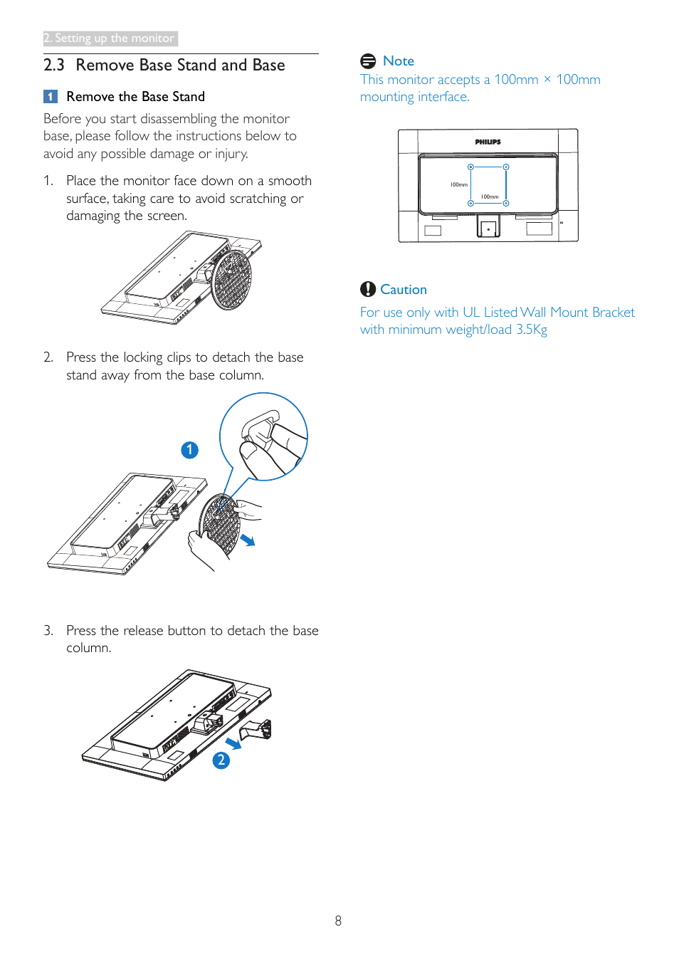 3 remove base stand and base | Philips 246V5LHAB-27 User Manual | Page 10 / 37