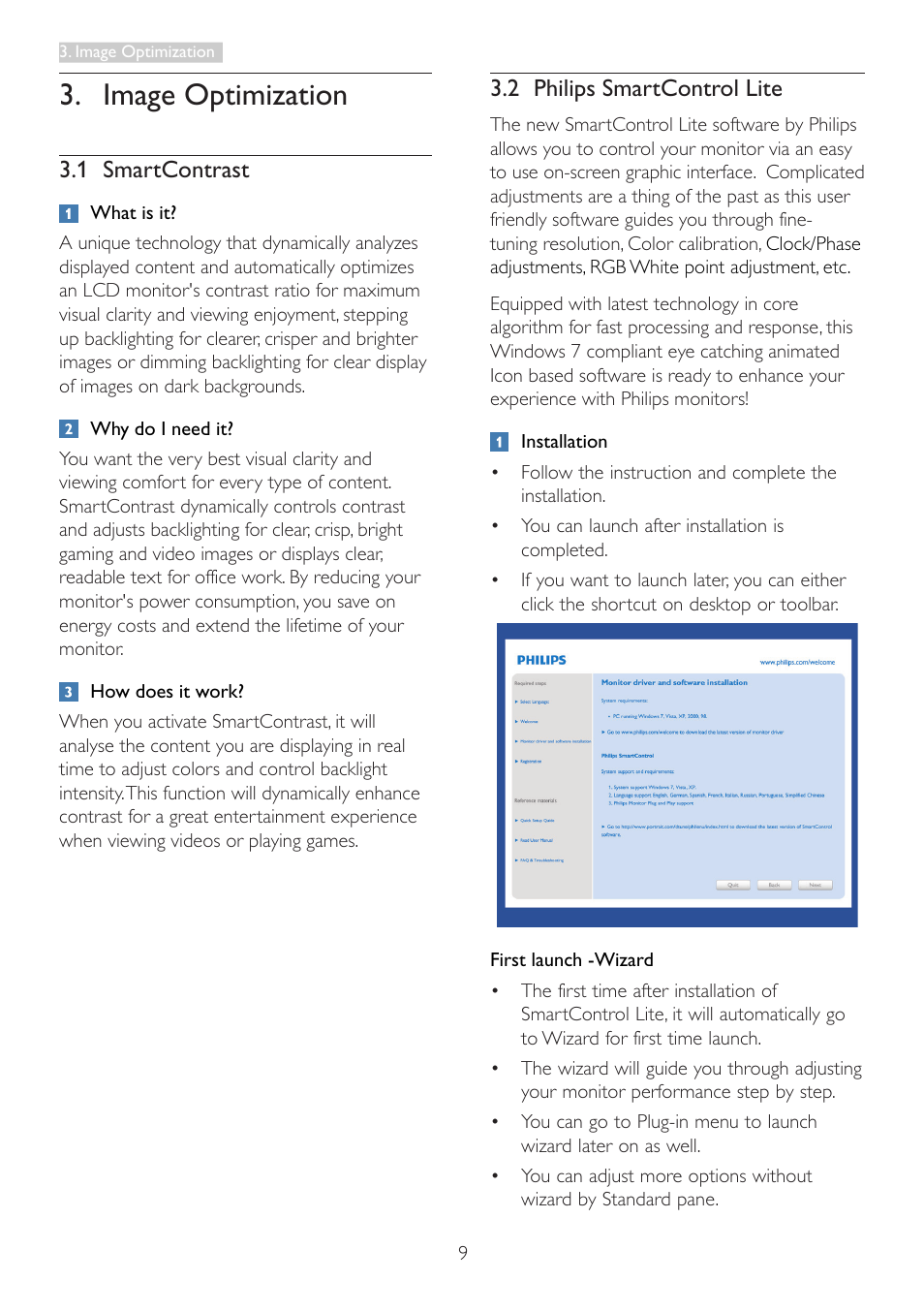 Image optimization, 1 smartcontrast, 2 philips smartcontrol lite | 1 smartcontrast 3.2 philips smartcontrol lite | Philips 246V5LHAB-27 User Manual | Page 11 / 37