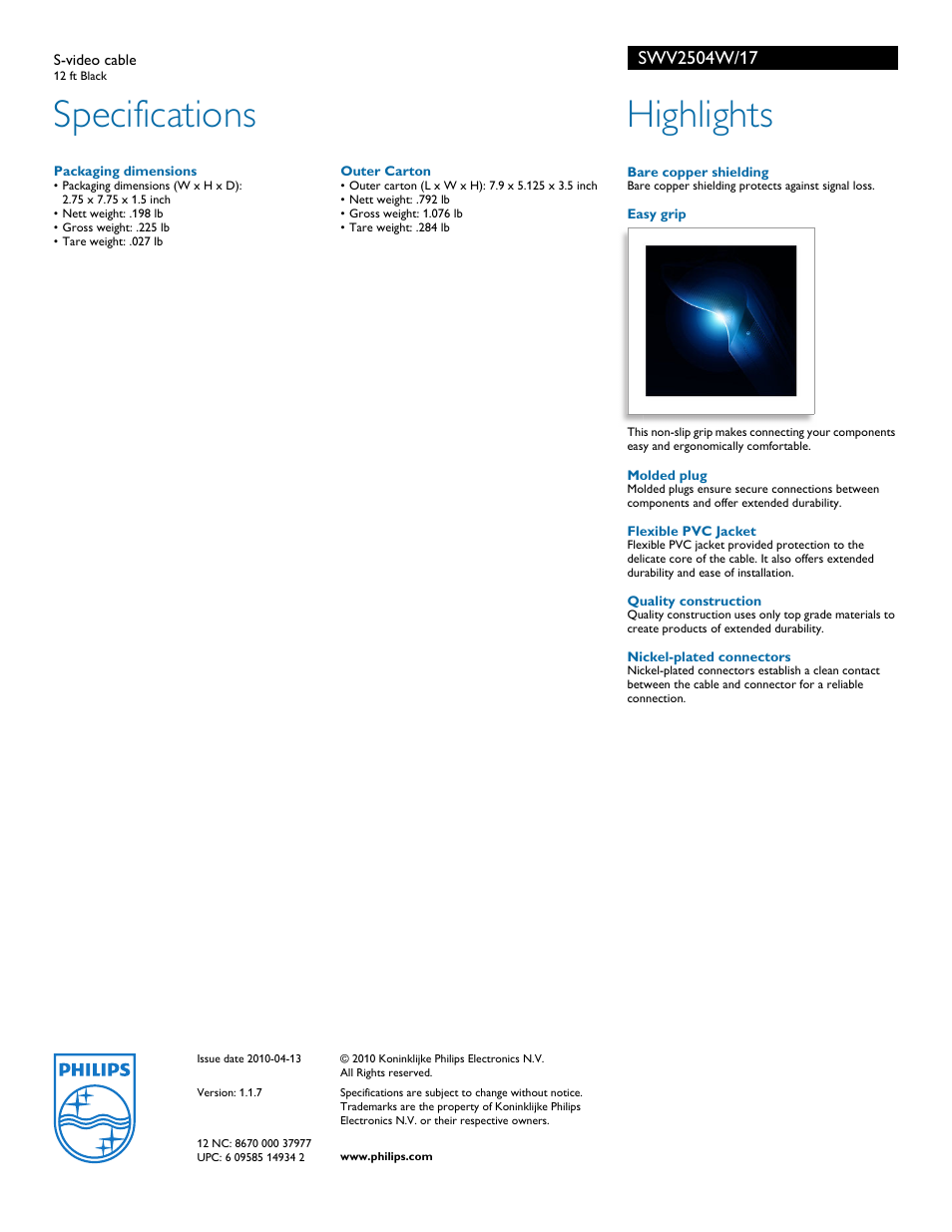 Specifications, Highlights | Philips SWV2504W-17 User Manual | Page 2 / 2