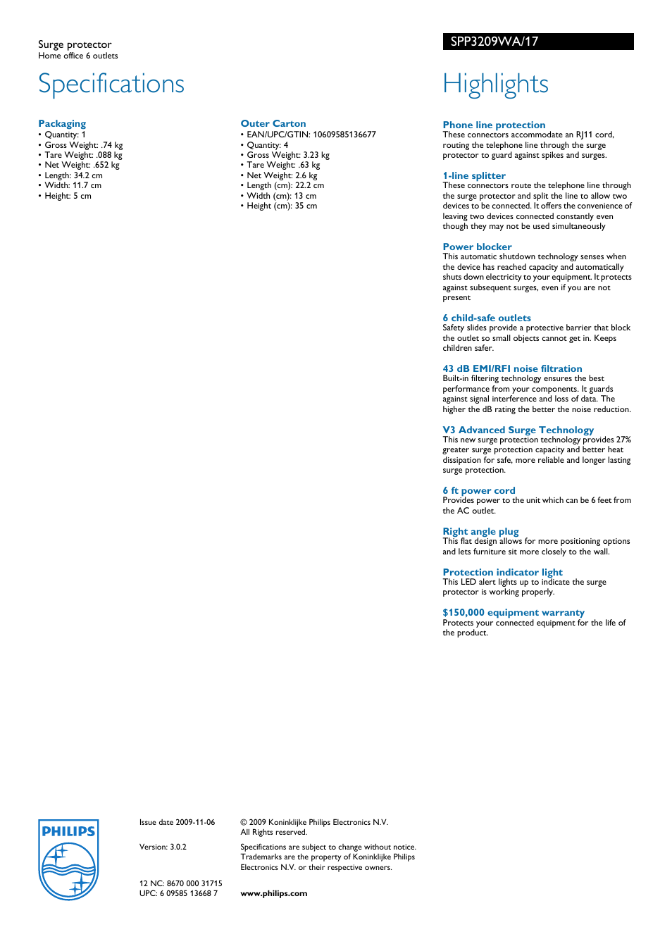 Specifications, Highlights | Philips SPP3209WA-17 User Manual | Page 2 / 2