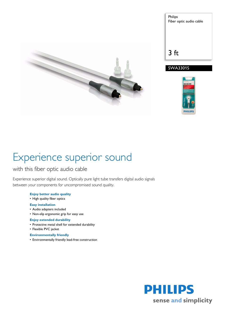 Philips Fiber optic audio cable SWA3301S 3 ft User Manual | 2 pages