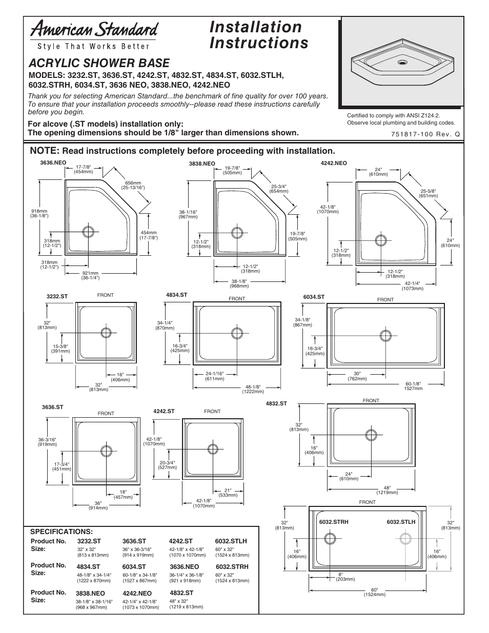 American Standard Acrylic 6032.STRH User Manual | 2 pages