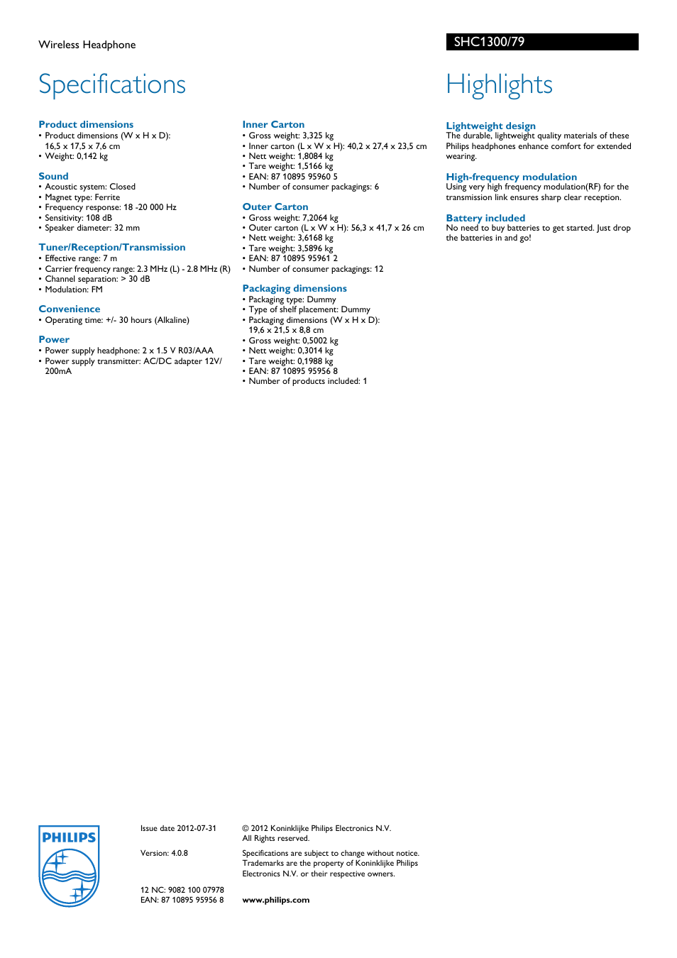 Specifications, Highlights | Philips SHC1300-79 User Manual | Page 2 / 2