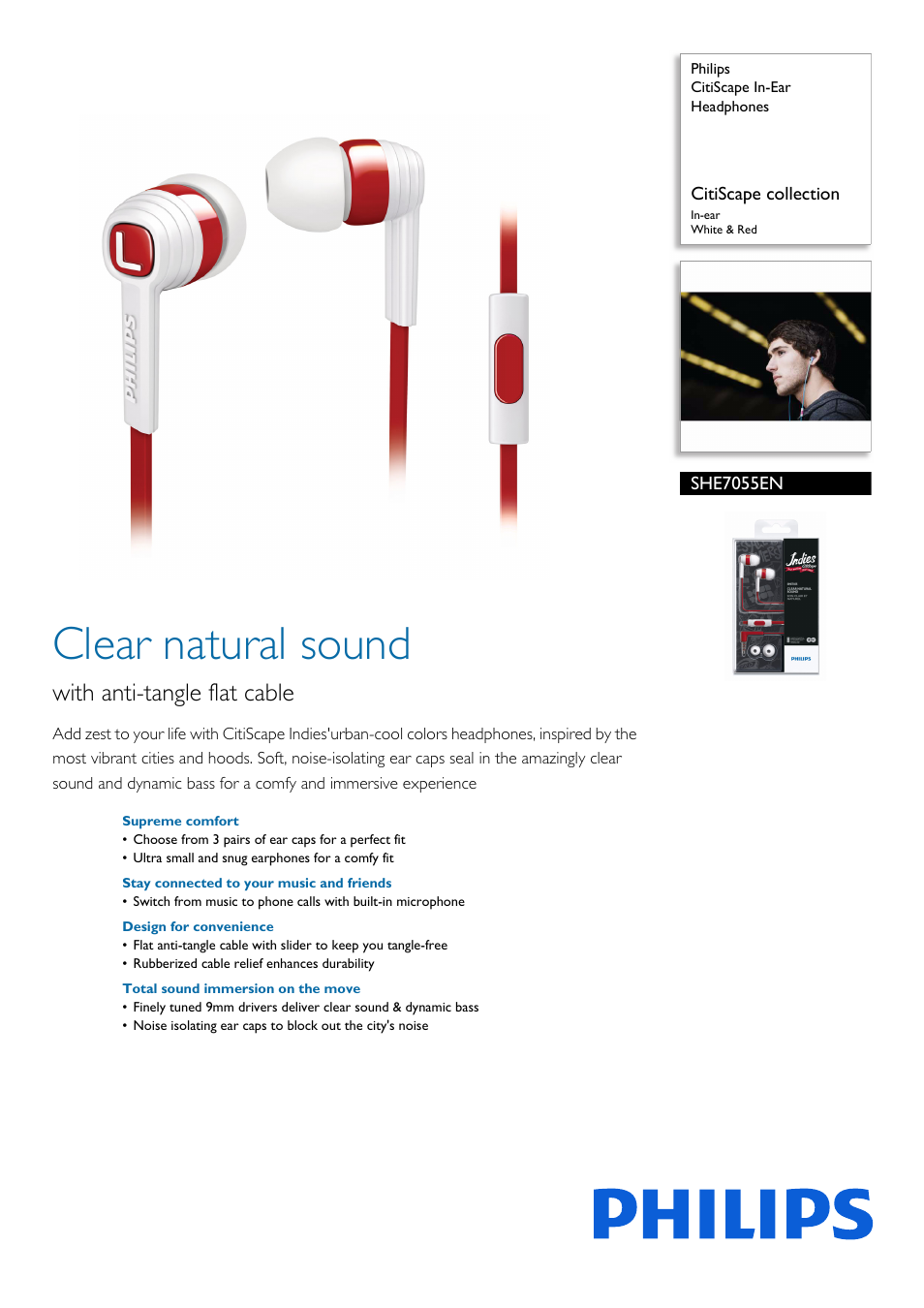 Philips CitiScape In-Ear Headphones SHE7055EN CitiScape collection In-ear White & Red User Manual | 2 pages