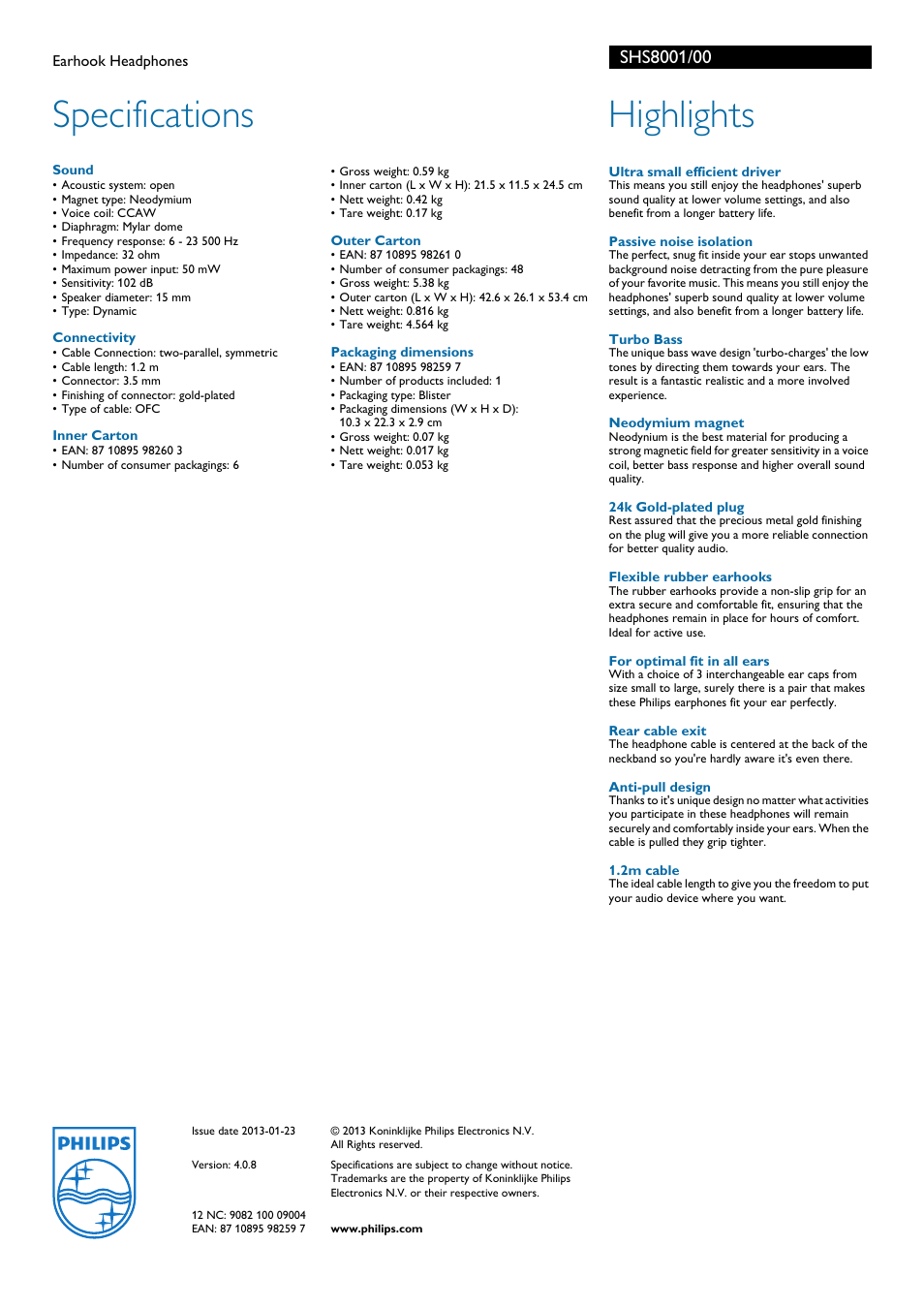 Specifications, Highlights | Philips SHS8001-00 User Manual | Page 2 / 2