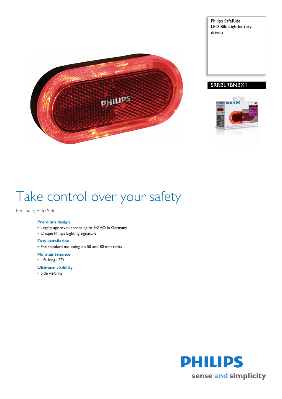 Philips SafeRide LED BikeLightbattery driven SRRBLRBNBX1 User Manual | 2 pages