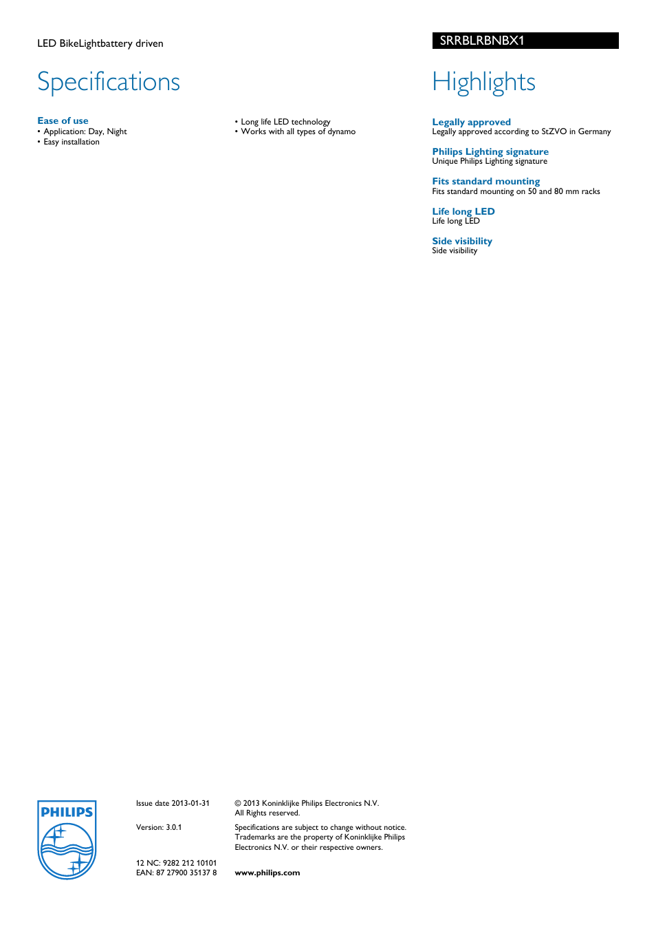 Specifications, Highlights, Srrblrbnbx1 | Philips SafeRide LED BikeLightbattery driven SRRBLRBNBX1 User Manual | Page 2 / 2