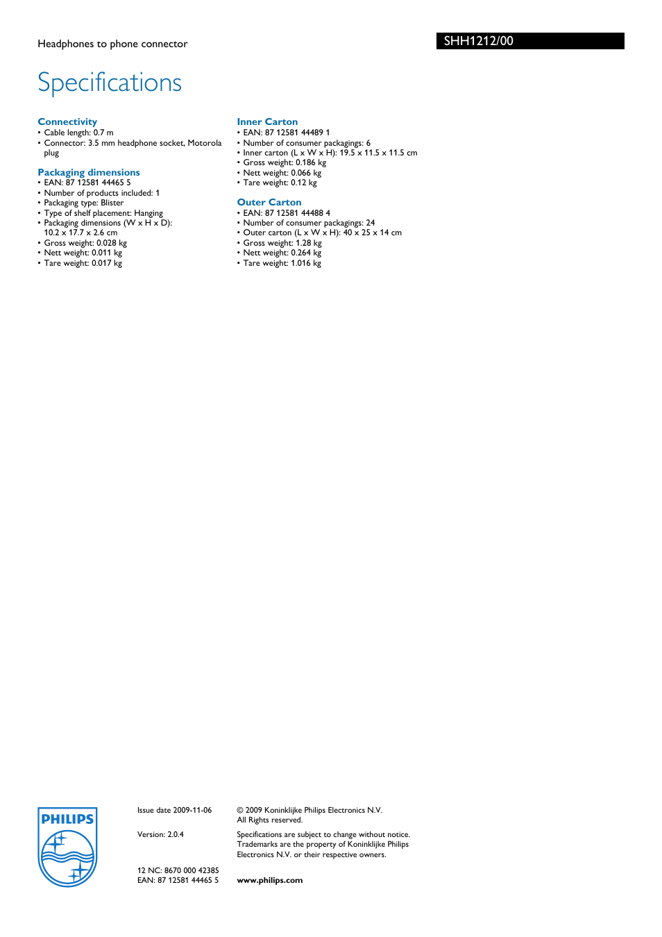 Specifications | Philips SHH1212-00 User Manual | Page 2 / 2